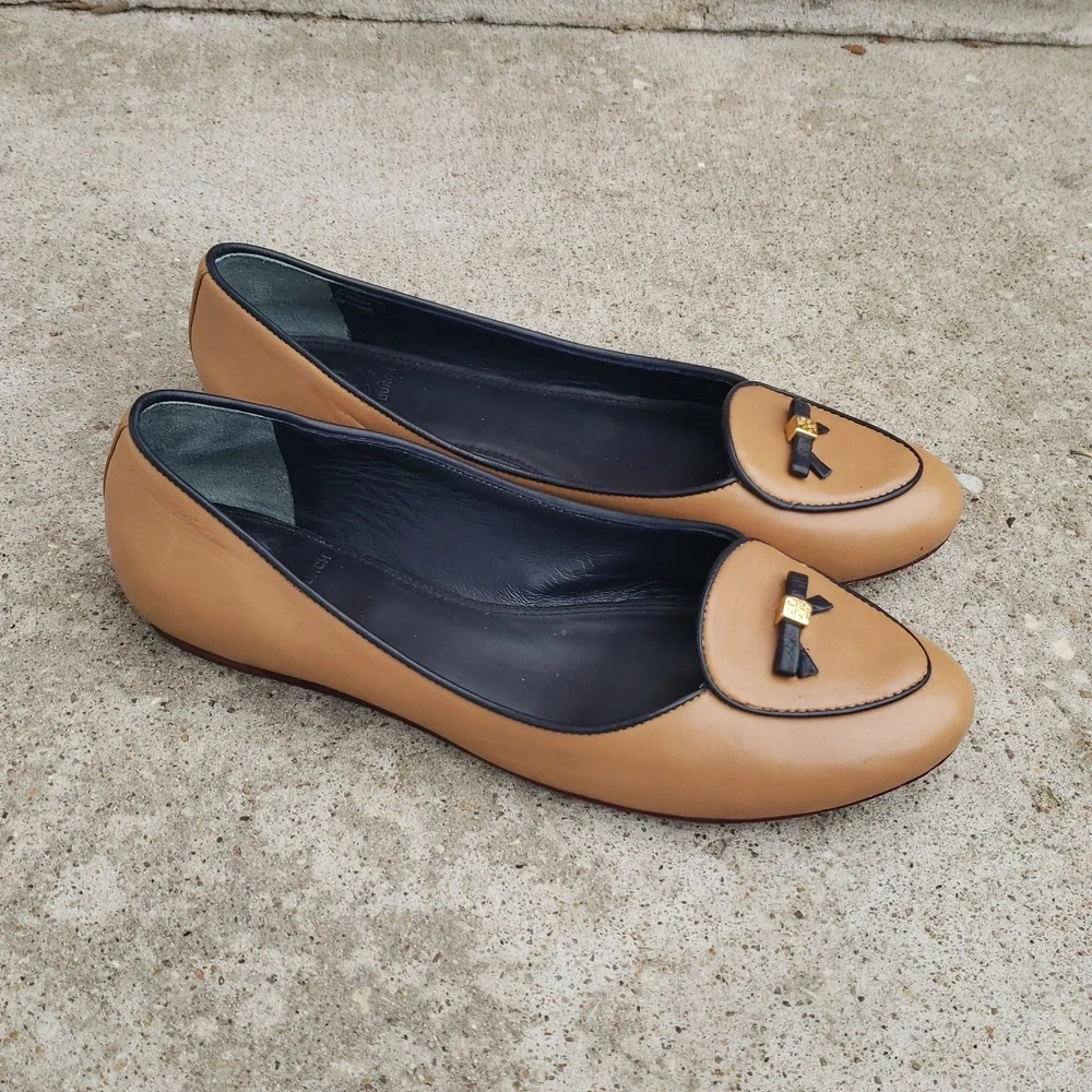 Tory Burch Dakota Maison Bow Leather Loafers Flats Size 8 Designer Neutral